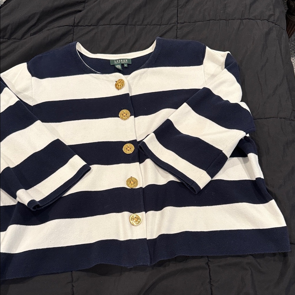 Lauren Ralph Lauren Navy and White Striped Button Cardigan